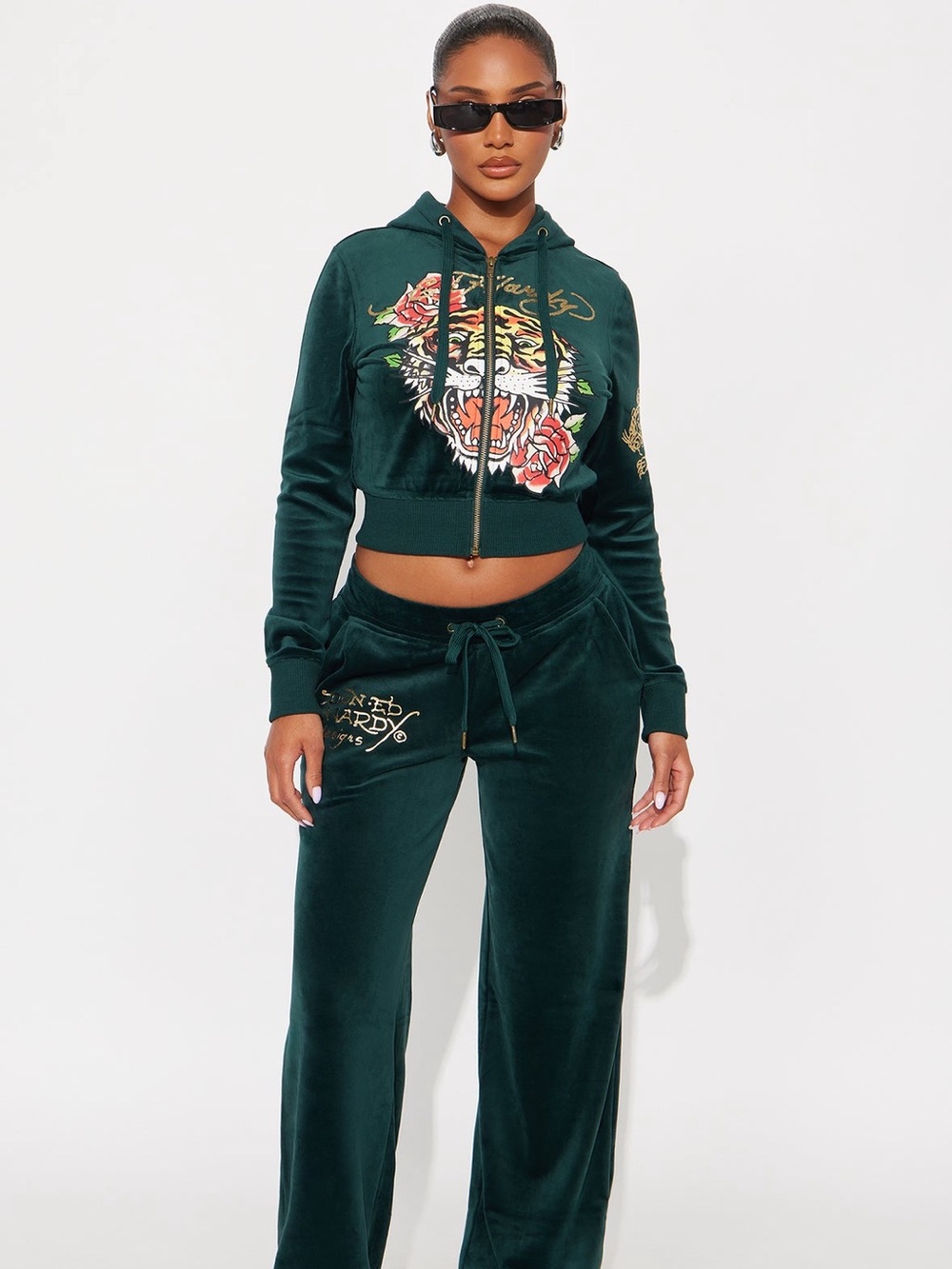 Ed Hardy Y2K Dark Green Velour Drawstring Track Pants Set with Gold Embroidery